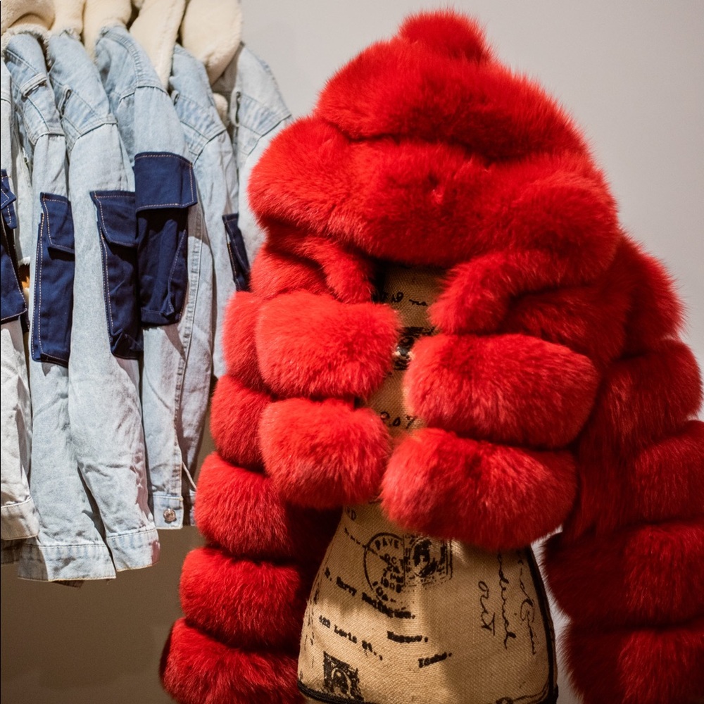 Cropped red fox fur coat with hood